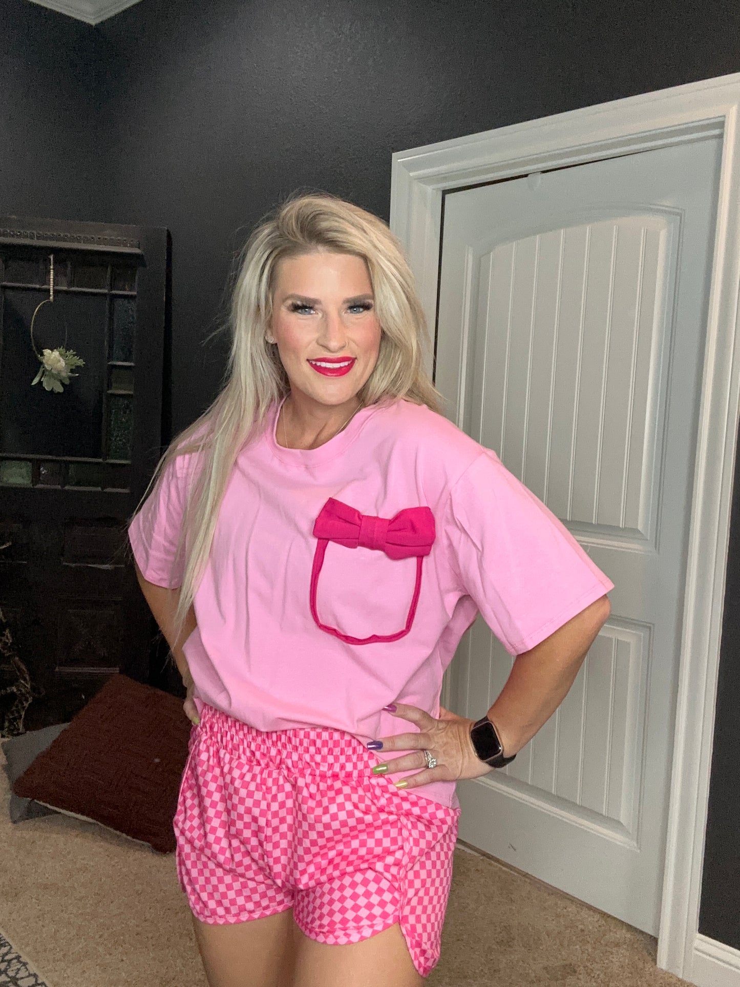 Pink Bow Faux Pocket Tee